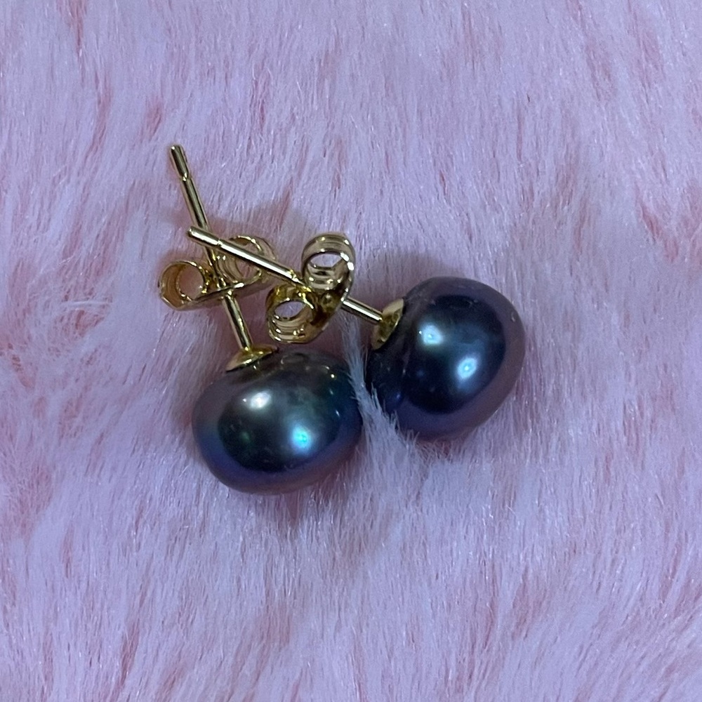 14K Yellow Gold Plated Natural Black South Sea Pearl Stud Earrings